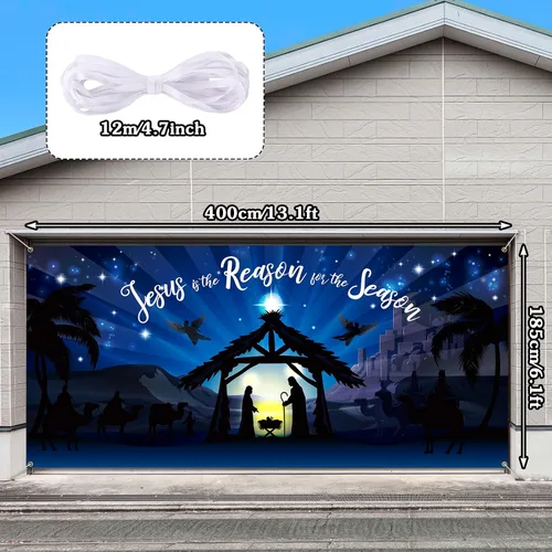 Vista 2 de Qeeenar Decoraciones Navideñas para Puerta de Garaje Establo de la Natividad Cubierta de Puerta de Garaje 6 x 13 pies Pesebre para Escena