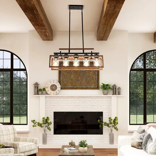 Vista 7 de MELLCOM Iluminación de madera para isla de cocina, lámpara de comedor de granja de 5 luces con pantallas de vidrio y varillas ajustables, candelabro