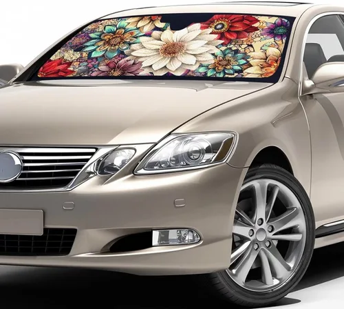 Vista 3 de HUGS IDEA Parasol plegable para parabrisas de automóvil, diseño de flores, bohemio, para la mayoría de los sedán, SUV, camión, parabrisas delantero