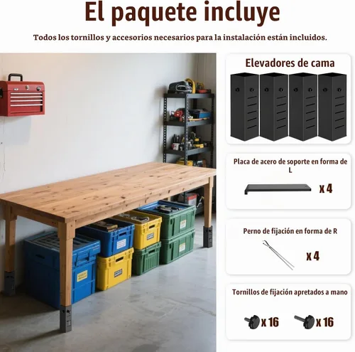 Vista 9 de Extensores de cama resistentes para dormitorio, aumenta el espacio de almacenamiento debajo de la cama, se adapta a patas de cama de 1.5 a 2.2