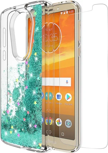 Vista 5 de Funda para Moto G6 Play, Moto G6 Forge con protector de pantalla de vidrio templado, Rosebono Quicksand Glitter Bling Liquid TPU Bumper Funda Púrpura