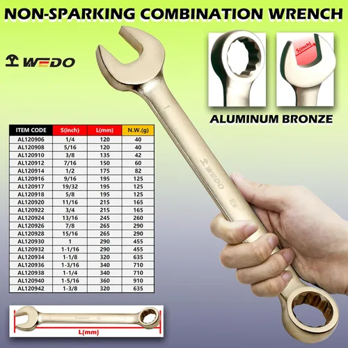 Vista 2 de WEDO Llave combinada sin chispas, llave combinada de seguridad sin chispas, bronce de aluminio, forja, DIN 3113, certificado BAM y FM, tamaño 1