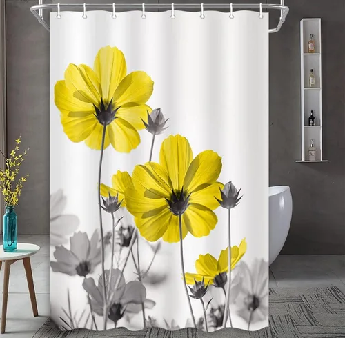 Vista 42 de MERCHR Cortina única floral azul para decoración de baño, cortina de ducha estilo granja con flores de margarita azul y gris elegantes y diseño