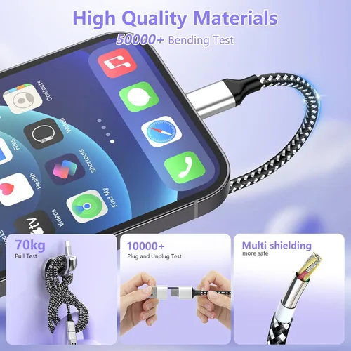 Vista 6 de Cable de carga largo USB-C 3 en 1 para iPhone 15/16, 3M/10 pies, 60 W, USB-C+USB-A a tipo C, cable de carga de datos trenzado de nailon para Apple