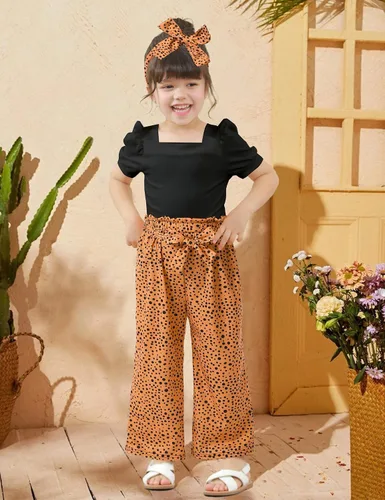 Vista 19 de DONWEN Conjunto de 3 piezas de ropa para niñas pequeñas y niñas con cuello cuadrado + pantalones elegantes + diadema para primavera y verano