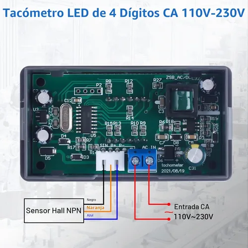 Vista 3 de ICSTATION - Tacómetro LED AC 110V-230V, 4 tacómetros digitales de motor rojo, medidor de velocidad RPM con sensor de interruptor de proximidad Hall