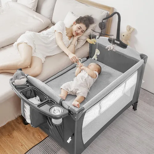 Vista 9 de Paquete y juego 5 en 1, moisés de bebé durmiente junto a la cama con cambiador de pañales en forma de U, parque portátil para bebés recién nacidos