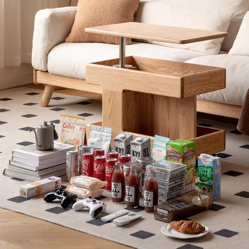 Vista 3 de Mesa de Centro de Madera Maciza 100% con Tapa Elevable y Almacenamiento, Mesita de Noche Pequeña con Ruedas y Escritorio Giratorio de 360°, Mesa