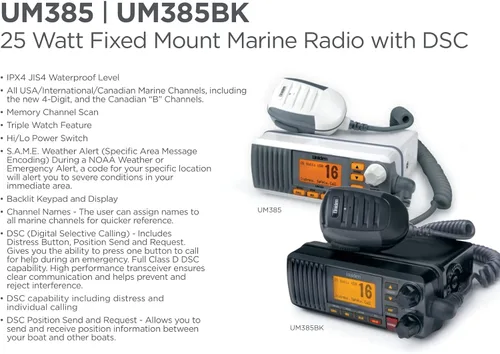 Vista 4 de Uniden UM385BK Radio VHF Marina de Montaje Fijo de 25 Vatios, Impermeable, Alerta Meteorológica NOAA, Todos los Canales Marinos