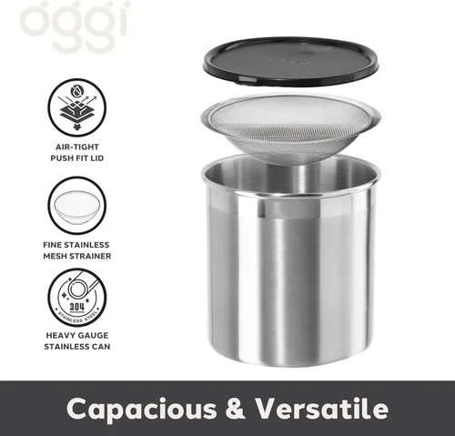 Vista 2 de Oggi 7324 Recipiente de acero inoxidable para aceite con filtro extraíble, 1 qt, Stainless