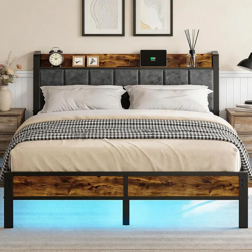 Vista 10 de Liians Base de cama LED de tamaño matrimonial con estación de carga y cabecera de almacenamiento, plataforma de metal, no necesita somier, fácil