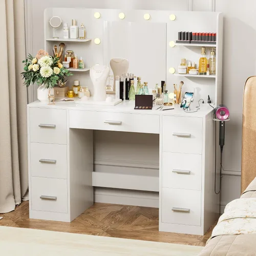 Vista 10 de VICTONE Escritorio de tocador con espejo iluminado LED y toma de corriente, 3 modelos de luces, mesa de tocador de maquillaje con 7 cajones y 6