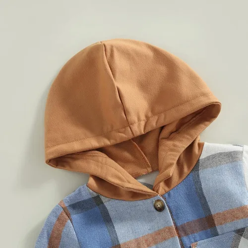 Vista 4 de Abrigo con capucha para bebés y niñas, de manga larga, con botones, a cuadros, casual, con bolsillos