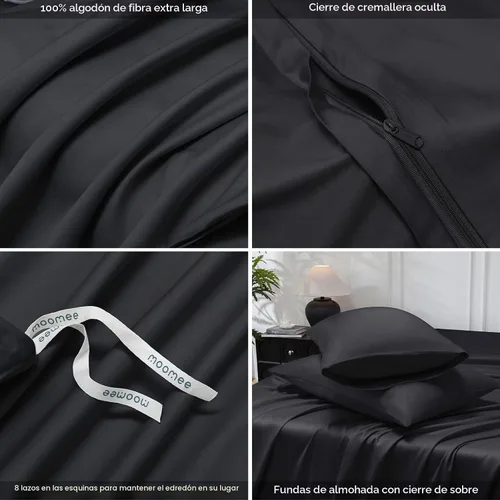 Vista 6 de MooMee Juego de funda de edredón 100% algodón de fibra extra larga de 600 hilos, satén sedoso, suave, transpirable, duradero, ropa de cama de Negro