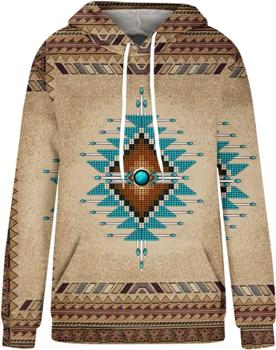 Vista 4 de DOLKFU Sudadera con capucha geométrica azteca occidental para mujer, suéter de manga larga, estilo vintage, casual