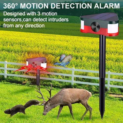Vista 12 de Qualirey Paquete de 4 alarmas solares de 360° con sensor de movimiento para exteriores, 4 modos de disuasión ultrasónica de animales con 3 sirenas