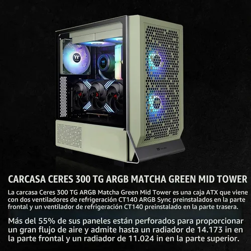 Vista 2 de Thermaltake Ceres 300 Matcha Green Mid Tower E-ATX carcasa para computadora con panel lateral de vidrio templado; 2 ventiladores CT140 ARGB