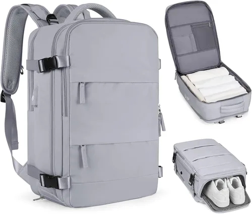Vista 86 de Mochila de viaje grande, bolsa de mano, aprobada para aviones, para artículos personales, para hombre o mujer, color beige con marrón