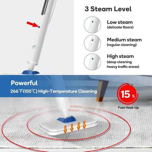 Vista 5 de Trapeador de vapor para limpieza de pisos, configuración de 15 segundos, limpiador de suelos sin productos químicos para madera dura, laminado