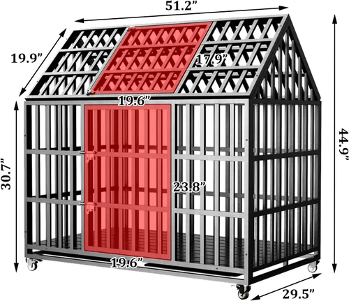 Vista 6 de Jaula grande de 52 pulgadas para perros resistente, indestructible XL/XXL con 4 ruedas bloqueables y 2 bandejas, jaula de impacto a prueba de fugas