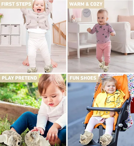 Vista 4 de DolliBu - Zapatos de bebé de felpa suave de lobo gris Suave y esponjoso forro polar unisex con lobo de peluche para bebé niño o niña Pantuflas