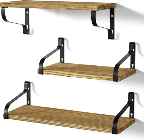 Vista 13 de Love-KANKEI Estantes flotantes montados en la pared de madera rústica, juego de 3 estantes para dormitorio, sala de estar, baño, cocina, color negro