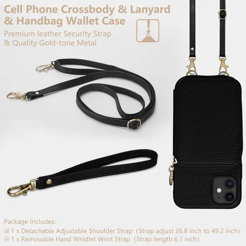 Vista 7 de Funda para iPhone 11 de 6.1 pulgadas, cartera cruzada con cremallera y ranuras para tarjetas de bloqueo RFID, soporte de soporte, cordón desmontable