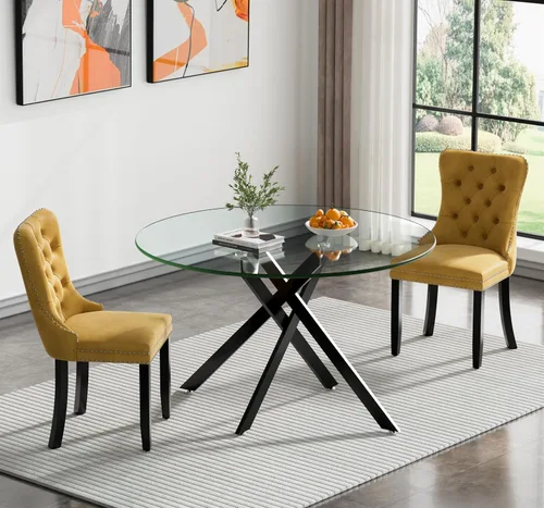 Vista 90 de Juego de mesa de comedor SSLine moderno de 3 piezas con mesa redonda de vidrio para 2, lujosa mesa de comedor circular de 36" con tapa de vidrio