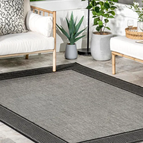 Vista 9 de Alfombra para exteriores con borde gris nuLOOM, Polipropileno, gris