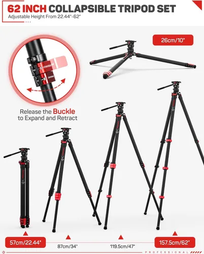 Vista 7 de IFOOTAGE Trípode con cabezal fluido, trípode de viaje de 62 pulgadas para cámara, trípode de video de aluminio ligero, compatible con cámaras Sony