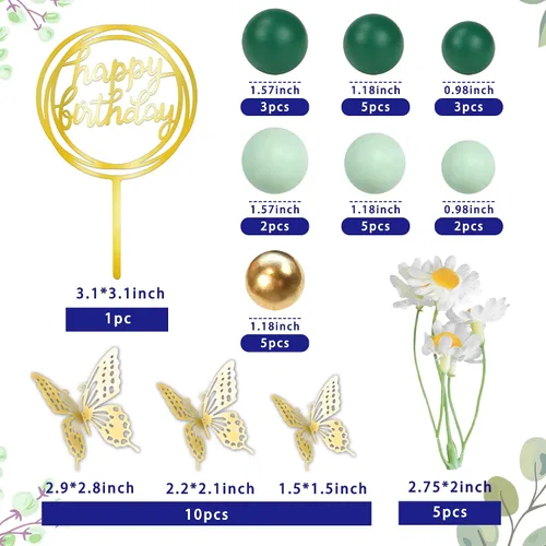 Vista 2 de 41 piezas de bolas verdes para decoración de pastel de mariposa, decoración de pastel de feliz cumpleaños para bodas, suministros de cumpleaños