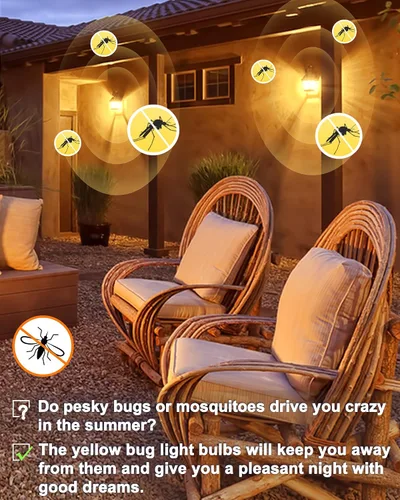 Vista 2 de Bombillas LED amarillas para insectos en el exterior, bombilla LED amarilla A19 para exteriores, equivalente a 60 W, luces amarillas ámbar de 9 W