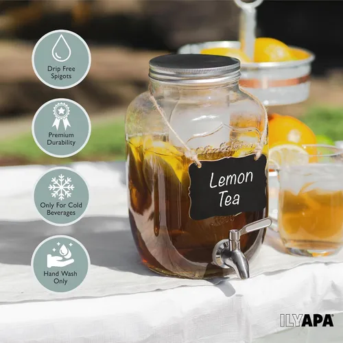 Vista 3 de Ilyapa Dispensador de Bebidas de 2 Galones - Dispensador de Bebidas de Vidrio de Boca Ancha - Grifo de Acero Inoxidable 100% a Prueba de Fugas