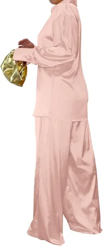 Vista 2 de Conjunto de pijama de satén de dos piezas para mujer, de manga larga, con botones, pierna ancha, ropa urbana de moda