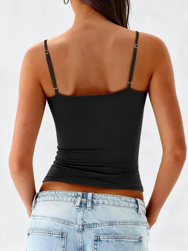 Vista 4 de ANRABESS Camisetas sin mangas para mujer con cuello cuadrado, tirantes delgados ajustables, camisetas de doble forro, camisetas básicas de verano