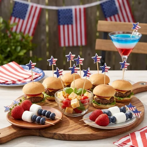 Vista 5 de 300 púas de cóctel de bandera estadounidense, brochetas de bambú de estrella de 4.7 pulgadas para aperitivos de frutas, suministros de fiesta