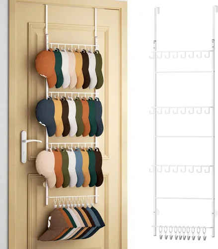 Vista 16 de HapiRm Perchero para Puerta - Organizador de Sombreros de 3 Niveles Montado en la Pared con 16 Ganchos y 10 Clips Móviles, Organizador de Sombreros