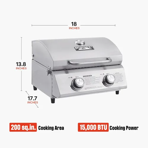 Vista 6 de Monument Grills Parrilla de gas propano de mesa para acampar al aire libre portátil cocinar con cerraduras de viaje, tapa alta de acero inoxidable