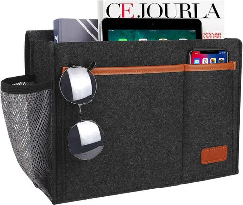 Vista 8 de Organizador de Mesita de Noche, Organizador de Almacenamiento de Cama para Control Remoto, Libros, Revista, Soporte para Laptop, Bolsa