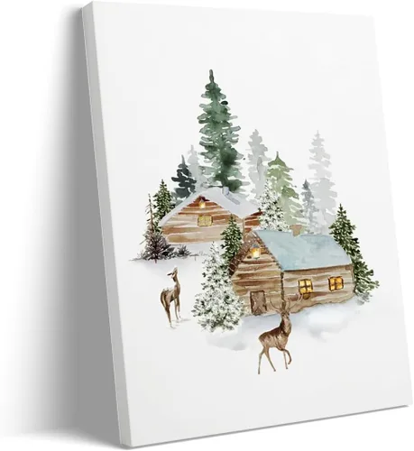 Vista 11 de Arte de pared de pueblo de invierno, encantadoras casas de pueblo cubiertas de nieve, escena nocturna acogedora, arte de pared, decoración navideña