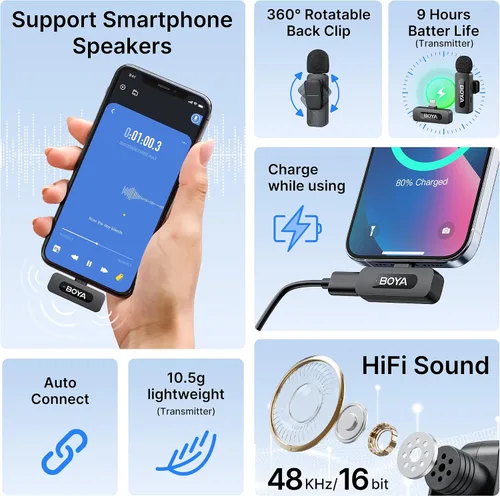 Vista 4 de BOYA by-V1 Micrófonos inalámbricos para iPhone iPad con puerto Lightning certificado MFi, rango de 328 pies, vida de batería de 9H, reducción