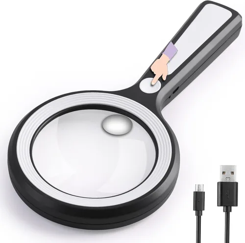 Vista 9 de Lupa con luz, recargable por USB, 5 x 10 x 15 x lupa de mano doble lente lupa 8 luces para leer impresiones pequeñas, lectura de personas mayores