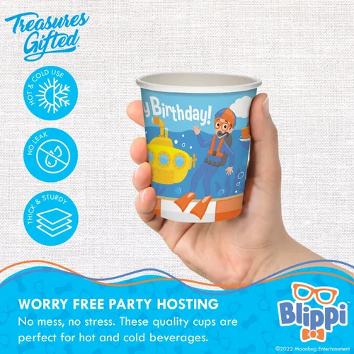 Vista 3 de Treasures Gifted Vehículo de tazas Blippi con licencia oficial de 16 unidades - 9 onzas - Suministros para fiesta de cumpleaños Blippi