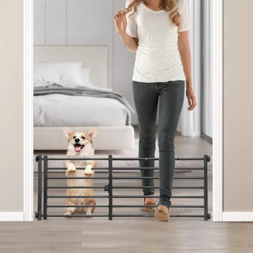Vista 15 de Malier Puerta de interior para perros con puerta, puerta extra ancha de metal para mascotas, puerta corta para perros para escaleras, montaje a