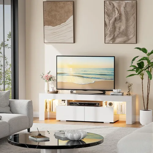 Vista 6 de YESHOMY Moderno soporte de TV LED para sala de estar con estantes de vidrio y cajón, centro de entretenimiento para dormitorio con múltiples modos