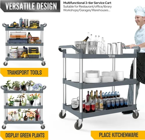Vista 12 de TUFFIOM Carrito de servicio de plástico de 3 niveles con ruedas, resistente capacidad de 390 libras, rodante comercial, ideal para restaurantes