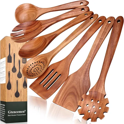 Vista 8 de Juego de 5 cucharas de madera para cocinar, espátulas de madera de teca, espátulas ranuradas para utensilios de cocina antiadherentes, cuchara