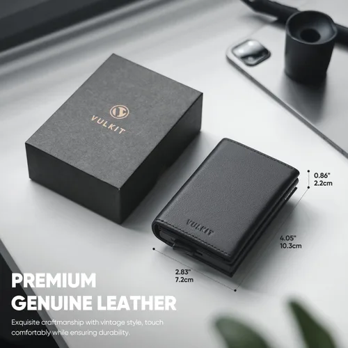 Vista 2 de VULKIT Cartera plegable de piel auténtica con compartimento para billetes, ventana de identificación y bolsillo para monedas, Negro