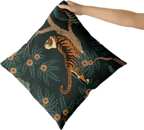 Vista 3 de Juego de 2 fundas de almohada de tigre, de algodón, con diseño de animales de bosque de pavo real, decorativas, para dormitorio, sofá, sala