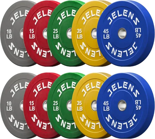 Vista 19 de Juego de Placas de Peso para Barra Olímpica JELENS, Juego de Pesos de Goma de 2 Pulgadas Negro/Colorido para Entrenamiento de Fuerza y Levantamiento